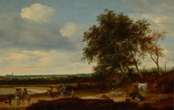 Landscape with travelers and roosting flock by Salomon van Ruysdael